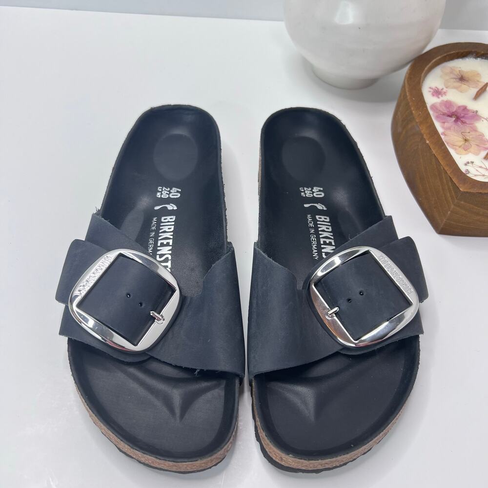 Birkenstock Madrid Big Buckle Leather Slide Sandal Black Women 9/EU40 NWOB